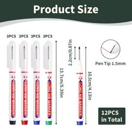 Pack of 12 Marker with Deep Hole, Deep Hole Marker Set, Drill Hole Marker with 20 mm Extra Long Tip, Marker Pens for Precise Drill Hole Marking, Construction Site Marker for Wood, Metal, Plastic, 4