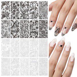 PACKOVE Black and White Lace Nail Stickers with 2 Boxes Storage Box 20 Rolls Easy Transfer Women Nail Art Design Party Holiday Finger Tips Decoration