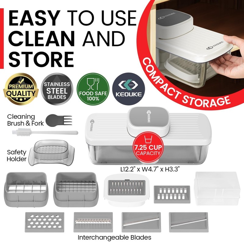 KEOUKE 8-in-1 Vertical Vegetable Chopper Mandoline Slicer with Container White