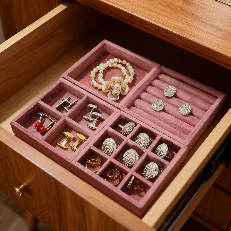 SCIKHEFT Velvet Small Jewelry Tray Organizer - 4PCS Stackable Display