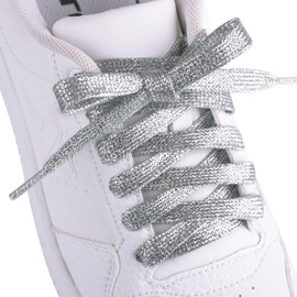 Booyckiy 2 Pairs Flat Glitter Metallic Sparkly Shoe Laces for Sneakers, 5/16" Wide in 31"-63" Colorful Shiny Shoelaces Replacement Fashion Shoe Strings, Silver, 55inch (140cm)