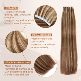 Tape in Hair Extensions Human Hair 4/27 Highlight Brown Straight Tape in Human Hair Extensions Adhesive Glue on Premium Quality Silky Invisible Seamless Skin Weft 18 inches 20pcs 50g/pack