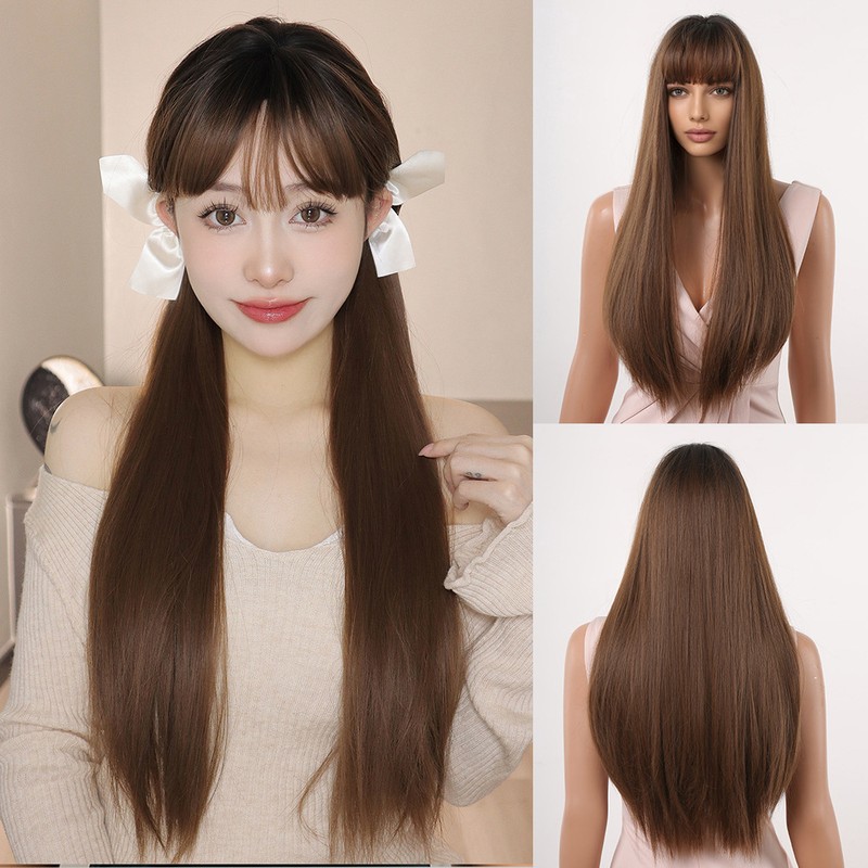 Long Black Wig Human Hair with Bangs and Wig Cap