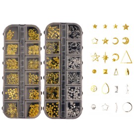 DiiWmme 2 boxes of 3D starry sky nail nails, star moon metal nail ornaments, gold and silver nail gems, suitable for nail art, DIY crafts, holiday decoration and gift giving (B)