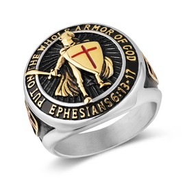 HZMAN Stainless Steel Knights Templar Ring for Men Boys Retro Put On The Whole Armor of God Ephesians 6:13 Red Cross Ring (Silver Gold,10)