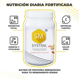 SM SYSTEM malteada de proteína en polvo sin azúcar | sabor Fresa-Platano | 800 g 20 porciones | mezcla suero de leche y soya con vitaminas y minerales