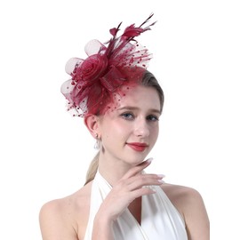 fghuim Women's Organza Church Kentucky Derby British Bridal Tea Party Wedding Hat Feather Hair Clip Fascinators Hat (Burgundy)