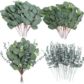 XunYee 40 Pcs Mixed Artificial Eucalyptus Leaves Stems with White Seed Eucalyptus Stems Decor Fake Eucalyptus Stems Artificial Greenery Silver Dollar Branches for Vase Wedding Home, 3 Styles