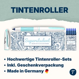 Teachly Superstudent Rollerball Pen - Refillable Pen for University, School & Office - Includes 7 Ink Cartridges (Blue) (Turquoise)