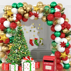 Christmas Balloons Arch Kit, 163Pcs Merry Christmas Balloons Garland with Red, Green,White and Gold Balloons, Golden Aluminium Foil Star Balloons, Xmas Balloons for Christmas Party Decorations