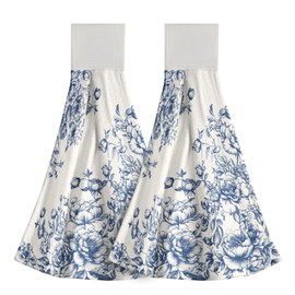 Chinoiserie Floral Hanging Kitchen Towels Set of 2,18x14 Inch Vintage Blue White Flowers Soft Absorbent Dish Cloth Tie Hand Towel for Home Washroom Hotel Spa Bathroom Decoration