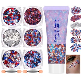 Freeorr Red White Blue Face Body Hair Glitter Gel, USA Flag Pride 4th of July Patriotic Accessories Face Paint Glitter Makeup, 6 Kinds of Sparkling Sequins for Independence Day Patriotic Veterans Day