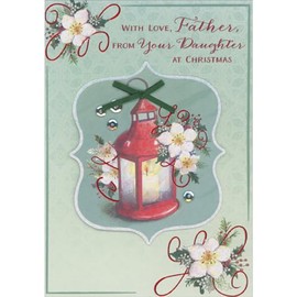 Designer Greetings Red Lantern with Lit Candle on 3D Curving Banner, Green Ribbon, Sequins Hand Decorated Father Christmas Card from Daughter