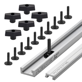 POWERTEC 32" Table Saw Miter T-Track Kit – Includes T-Bar, 5pcs T Knobs & 10pcs 1/4"-20, 1" Long Miter T Slot Bolts | Miter T Track Accessories for Table Saw & Router Table (72192)