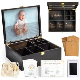 Baby Keepsake Box Wooden with 6 Additional Items - Baby Shower Gifts for Girls Boys New Mom, Newborn Essentials Must Haves Memory Box with Tooth Fairy Tooth Holder, Engraved with Guidelines, Large