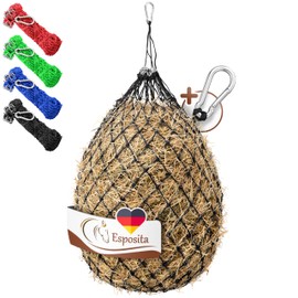 Esposita Large Hay Net for Horses, Hay Bag, Hay Net, Tight Mesh, 5 x 5 cm, Black with Rings and Carabiner Hook, Hay Net Horse Hay Bag for Horses