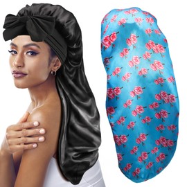 Ycxvacop 2 Pcs Silk Bonnet,Long Satin Bonnet for Braids,Silky Hair Bonnet with Tie,Soft Elastic Band Silky Sleeping Cap,Braid Bonnet for Sleeping,Long Bonnet for Women Braids,Curly Long Hair