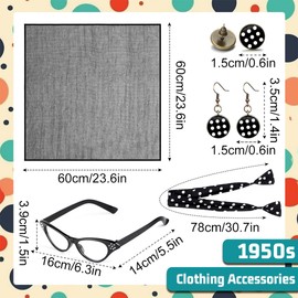 Rockabilly Accessories Women's 5-Piece 60s 50s Rockabilly Dresses Women's Accessories Black Polka Dot Headband Earrings Chiffon Scarf Bandana Cat Eye Glasses for 1950s Costume Theme Party
