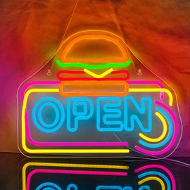 Looklight Hamburger Open Neon Sign Burger Neon Light Sign for Burger Shop, Open Signs Hamburger Neon Lights Business Signs for Restaurant Kitchen Store Burger Shop Fast Food Shop Party