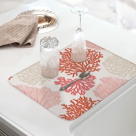 Nautical Coastal Ocean Coral Dish Drying Mat for Kitchen Counter Starfish Beach Pink Orange Drying Pad 1 Pack Absorbent Drying Mats for Countertops Sinks Draining Racks Drainer Summer Decor 18x24