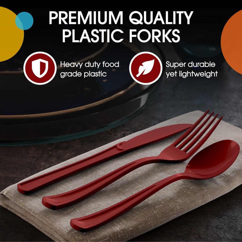 Party Solids Burgundy Plastic Silverware Heavy Duty 150 Pieces Burgundy