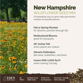 Eden Brothers New Hampshire Wildflower Mixed Seeds for Planting, 1 lb, 480,000+ Seeds with Cosmos, Lupine | Attracts Pollinators, Plant in Spring or Fall, Zones