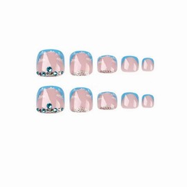 MISUD Press on Toenails Glossy Fake Toe Nails Blue French Tip Glue on Toenails Cloud Acrylic Toe Nails Press on Luxury Rhinestone Stick on False Toenails Full Cover Press-on Toenails for Women 24pcs