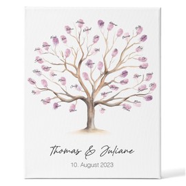 GRAVURZEILE Bedruckte Leinwand - Hochzeitsbaum - Personalisiert mit Namen & Datum - Hochzeit Gästebuch mit Fingerabdruck - Personalisiertes Hochzeitsgeschenk - Geschenk für das Brautpaar - 30x40 cm