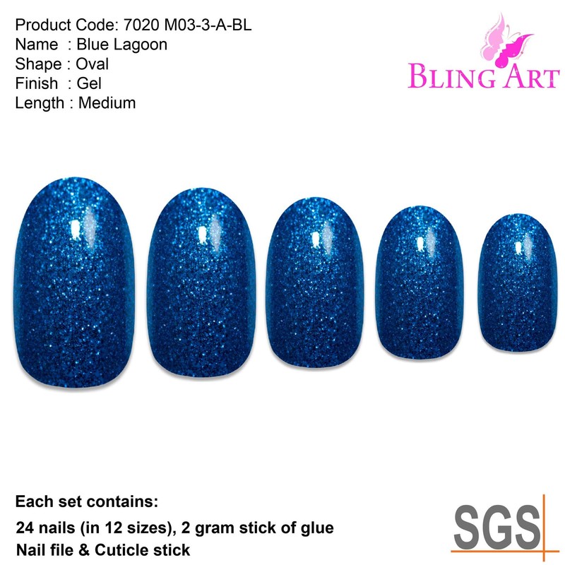 Bling Art Oval False Nails Fake Acrylic Gel Blue Full