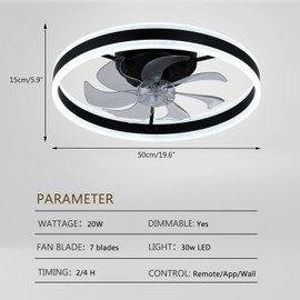 diisunbihuo Low Profile Ceiling Fans with Lights and Remote,20" Flush Mount Fandelier Dimmable LED Fan Light Black Bladeless Ceiling Fans with Lights for Bedroom, Kids Room and Living Room