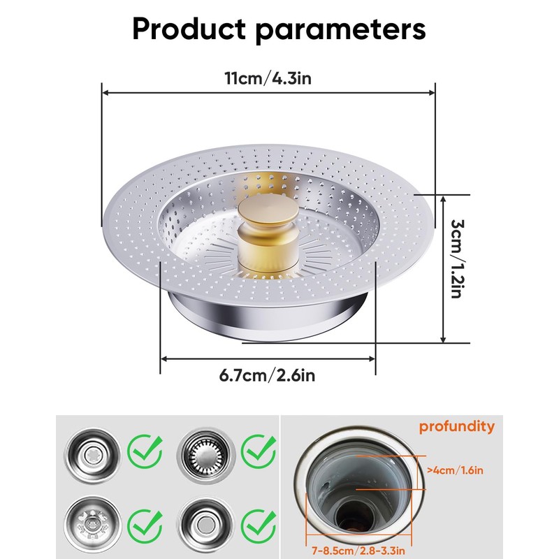 Kitchen Sink Drain Strainer and Stopper Combo, 3 in 1
