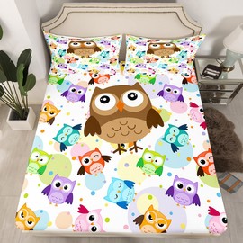 Loussiesd Children's Cute Owl Fitted Sheet Cartoon Owls Fitted Sheet 90 x 200 cm for Children Boys Girls Teenagers Decor Colourful Bird Decor Bed Sheet Set 3D Animal Printed No Flat Sheet 2 Pieces