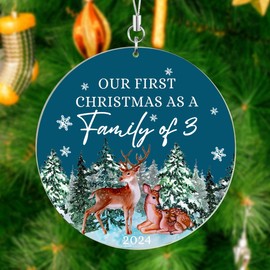 First Christmas As a Family of Three 2024 New Parents Gifts for Couples Christmas Tree Ornaments New Mom Dad Gifts Stocking Stuffer Acrylic Hanging Tags Reindeers