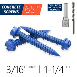 SANJODS 3/16" x 1-1/4" Concrete Screw Anchor, Blue Hex Head Screws for Anchoring to Masonry, Brick, Block, Cement or Stucco (Pack of 65)