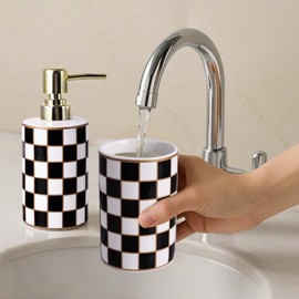Bathroom Toothbrush Holder Set, Ceramic Checkered Soap Dispenser and Tooth Brush Holder Set, Modern Bathroom Accessories Sets Countertop, Black and White Checkered Bathroom Decor Set (Black)