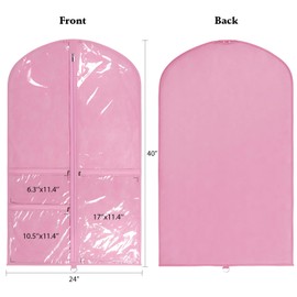 Univivi Dance Costume Bags Garment Bag 40 Inch Hanging Clothes for Dance Competitions, with 3 Medium Clear Zipper Pockets for Dance Costumes, Closet Storage (Pink, 2 Pack)
