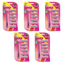 XMicro® Pink Razors For Women, 1 Razor, 7 Blade Refills With German Stainless Steel, Lubricated With Vitamin E, Aloe For Smooth Shave, Shields Against Irritation (Pack of 5) | 35 Blade Included