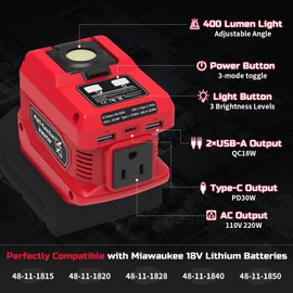 220W Power Inverter Compatible with Milwaukee 18V Battery, DC 18V to AC 110V-120V Portable Power Generator, Inverter with 2 USB Ports 1 Type-C 1 AC Outlet, 400 Lumen Light