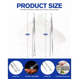 2 Pcs Kitchen Tweezers Fine Tweezer Tongs, Stainless Steel Professional Long Cooking Tweezers for BBQ, Sea Food, Repairing and Serving (Silver, 12 in)
