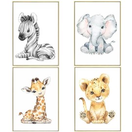 4 Pack Baby Jungle Nursery Wall Decor Art Pictures 30 x 21cm Safari Animal Wall Murals for Baby Kids Living Room Bedroom Bathroom Without Frame