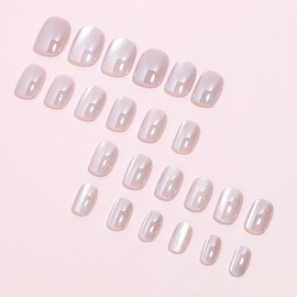Short Press on Nails Square Fake Nails Glossy Full Cover Acrylic Glue on Nails Glitter False Nails with Solid Color Designs Shiny Laser Artificial Nails Glue on Nails for Women Girls 24Pcs
