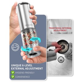 CIRCLE JOY Rechargeable Electric Salt and Pepper Grinder Set with Base, Stainless Steel Pepper Mills with 95ml Container, White LED Light and External Adjustable Coarseness, Silver