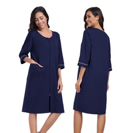 ANLIQI Womens Zip Front Robes Knee Length 100% Cotton Bathrobes Soft&Lightweight Short Housecoats Zipper Bath Robe with Pockets(Navy Blue,M)