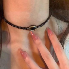 Xmsrn Vintage Onyx Bead Choker Necklace Black Pearl Choker Tribe Oval Necklace Short Tribe Choker Necklace for Women