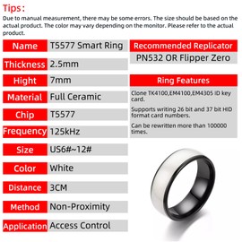 Generic RFID Rewritable T5577 Chip Black or White epoxy Ceramic Smart Finger Ring for Replication 125kHz Access Key Card (White, US#6 53mm)