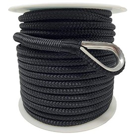 Boat Anchor Rope - 100 ft x 1/2 inch - Double Braided Nylon Anchor Line/Boat Rope with 316SS Thimble - Black - Rainier Supply Co