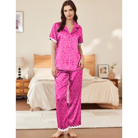 Ekouaer Womens Silk Satin Pajamas Set Button Down 2 Piece Pjs Short Sleeve Long Pants Sleepwear Lounge Set, Rose Leopard, M