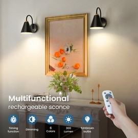 NIORSUN Battery Operated Wall Sconce Set of 2,3 Color Rechargeable Wall Lights with Remote Control, Dimmable Cordless Wall Sconce,RGB Wall Lamps for Bedroom Living Bathroom Light Fixtures(Black)