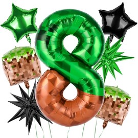 40 Inch Green Pixel Miner Number 8 Balloon Set, 7Pcs MIning Large Foil Balloon Video Game Themed Party Party Decorations for Kids' Anniversary Balloon Party Supplies
