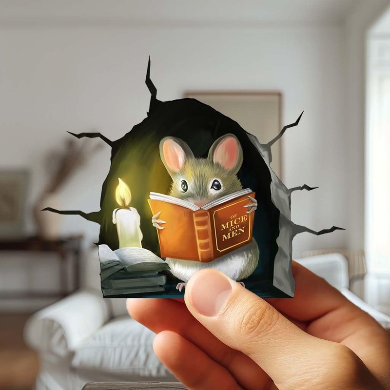 3D Mouse Reading Book in Mouse Hole, Decal Sticker, Removable